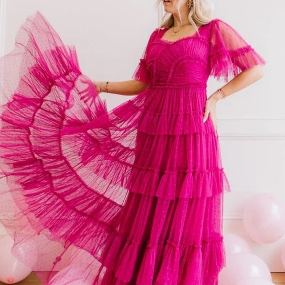 Maxi Dress Size XXS Pink Tulle Whimsical Fairy Princess Prom Formal Star Print - Picture 1 of 11